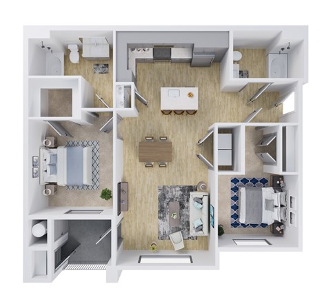 Floor plan for 2 beds, 2 baths, 1076 sqft